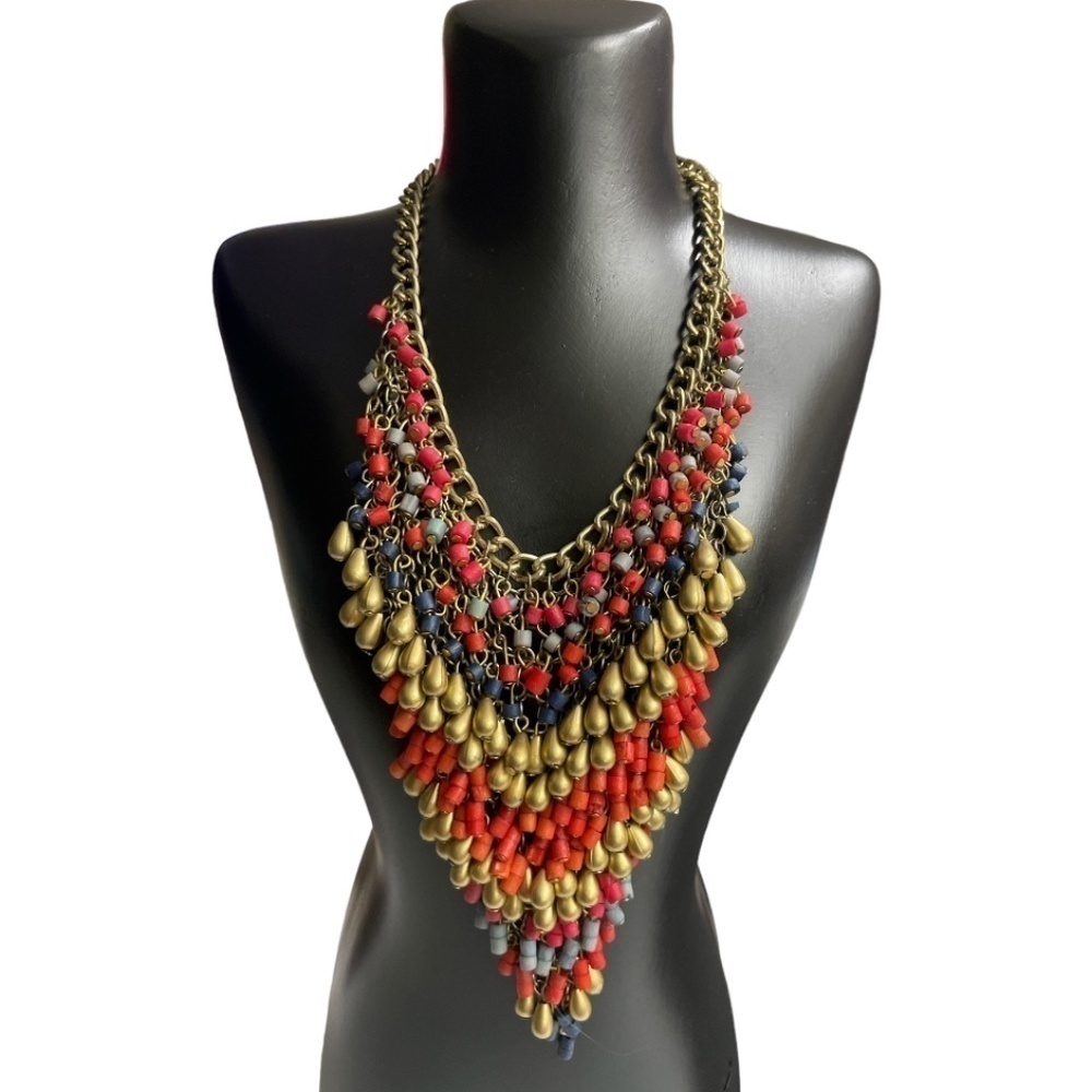 Gold Tone Multi Color Beaded Bibb Necklace